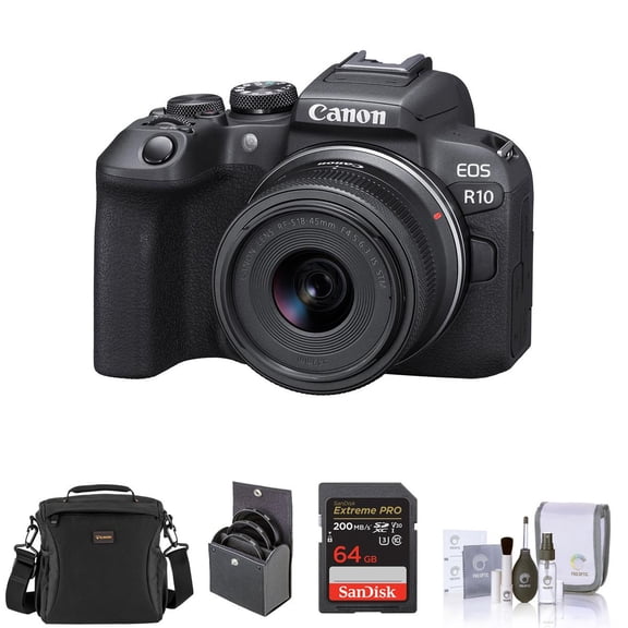 Canon EOS R10 Mirrorless Camera with RF-S 18-45mm f/4.5-6.3 IS STM Lens, Bundle with Memory Card, Shoulder Bag, 49mm Filter Kit and Cleaning Kit
