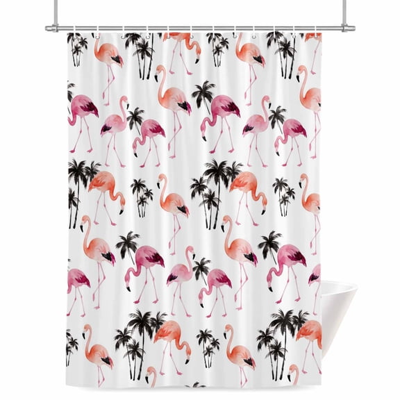 Flamingo Shower Curtain, Watercolor Pink Orange Flamingo Tropical Coconut Tree Waterproof Shower Curtain Set with 12 Hooks Lightweight Bath Curtains Fabric Bathroom Decor 72x78 Inches