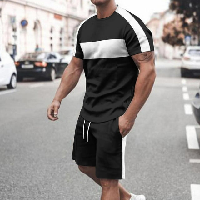 NTACZA Crew Neck Shorts Set Men Short Sleeve Tracksuits Color Block Athletic Sweatsuits for Men S
