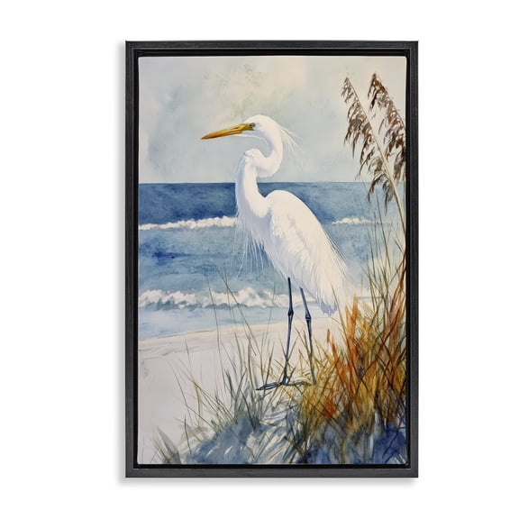 Stupell Industries Egret By The Waves Black Framed Floater Canvas Wall Art, design by Petal Prints Design