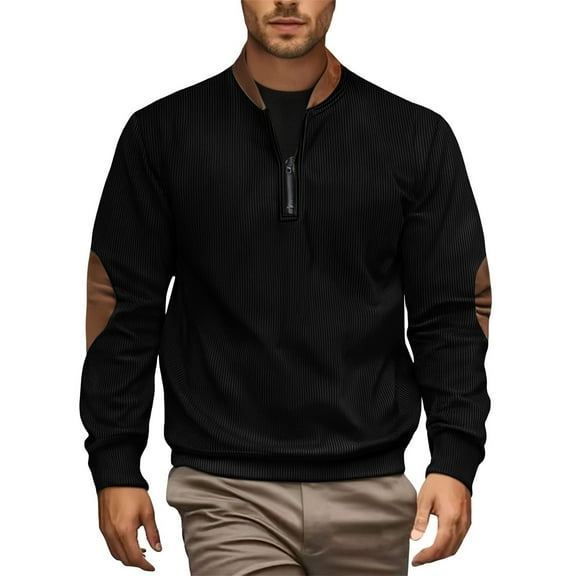 SYMOID Men's Half Zip Pullover - Black, Size L, 98% Cotton 2% Spandex, Ribbed Texture with Elbow Patches, Stand-Up Collar, Casual Long Sleeve for Daily/Golf/Fall Layering