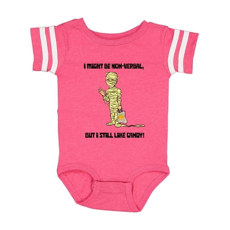 

Inktastic Nonverbal Trick or Treater I might be Nonverbal but I Still like Candy Mummy Gift Baby Boy or Baby Girl Bodysuit