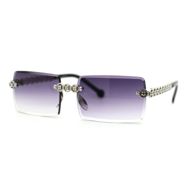 Heavy Rhinestone Chain Jewel Rimless OG Rapper Sunglasses Silver Smoke
