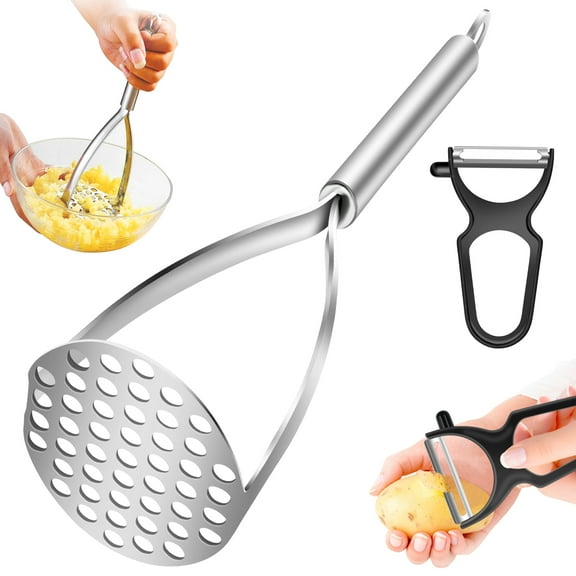 Potato Masher Stainless Steel with Vegetable Peeler Potato Smasher Utensil Heavy Duty Versatile Masher Perfect for Bean Vegetable Fruits Avocado Meat Kitchen Tools