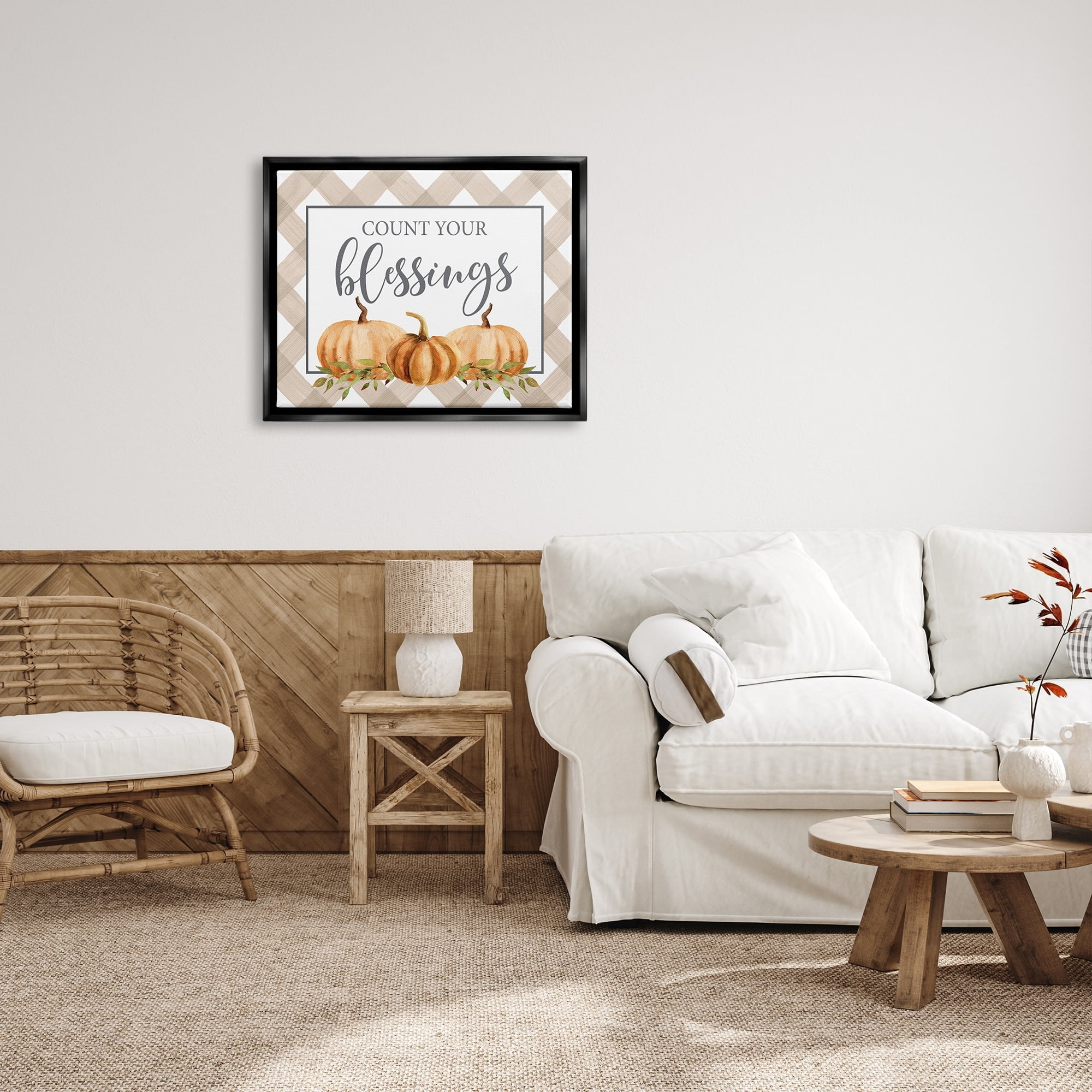 Stupell Industries Count Your Blessings Thankful Pumpkin Tartan Design Graphic Art Jet Black Floating Framed Canvas Print Wall Art, Design by Lettered and Lined