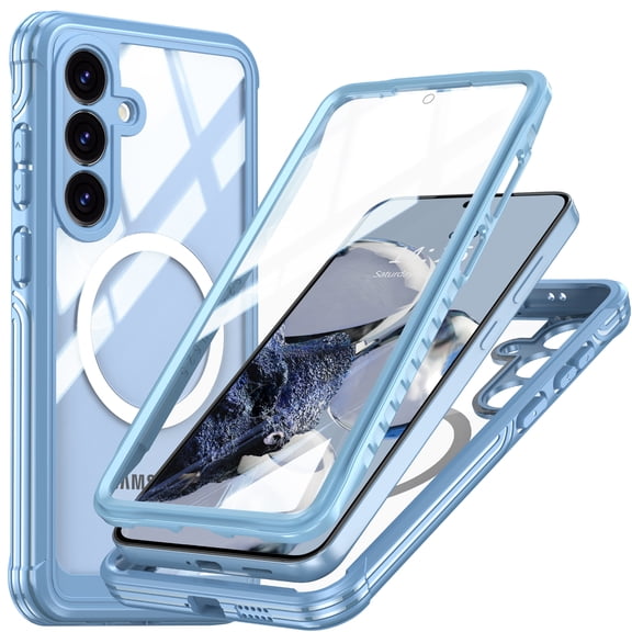 VYQA Full-Body Magnetic Case for Samsung Galaxy S25 with Built-in Tempered Screen Protector, Compatible with MagSafe, Shock-absorbent Dustproof Clear Protective Phone Case Cover for 25 Plus,Blue