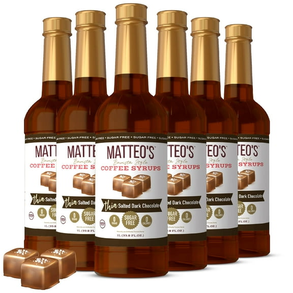Matteo's Sugar Free Coffee Syrup, Salted Dark Chocolate (1L bottle, 6-pack)