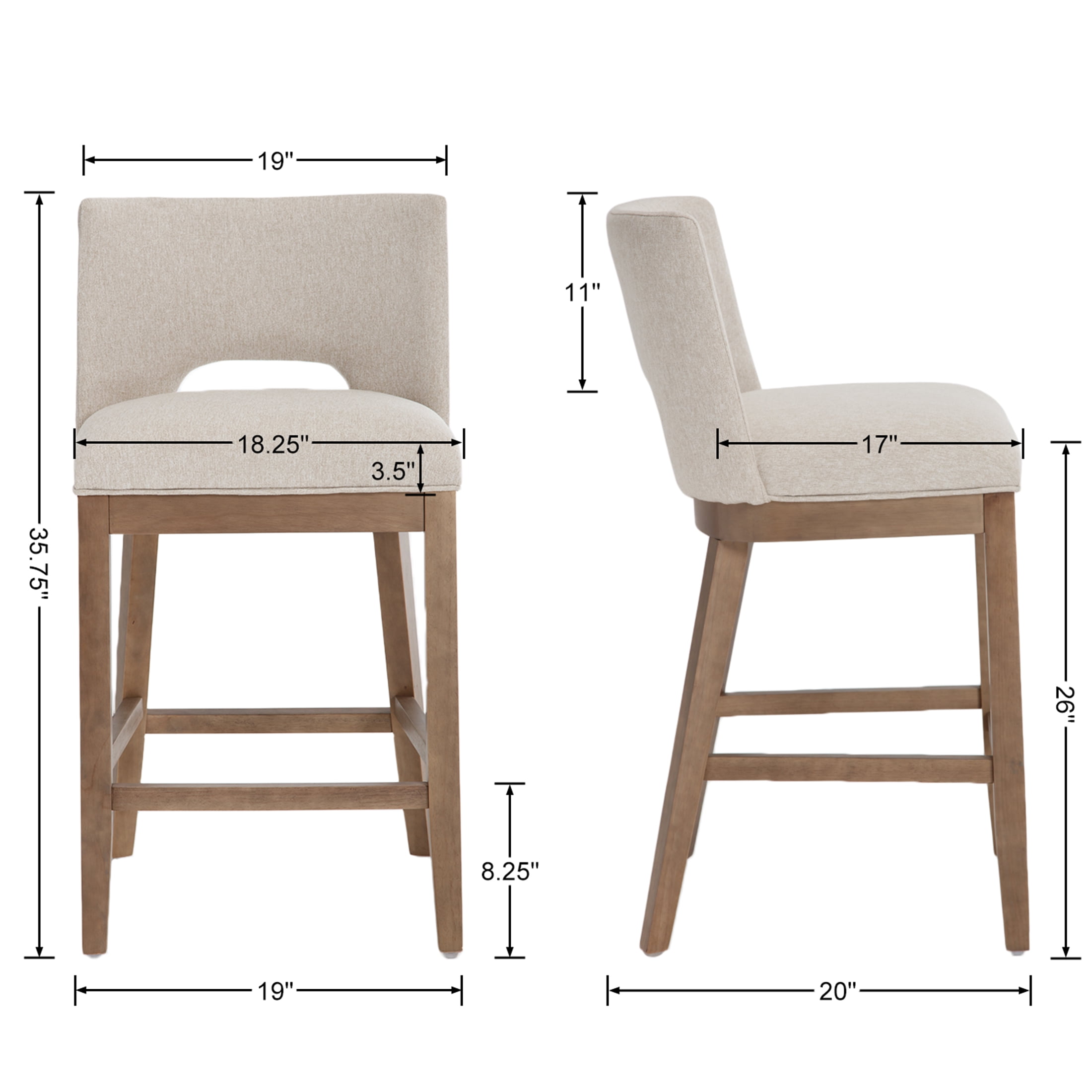 Guyou Linen Bar Stools Set of 2, 26" Modern Counter Height Barstools, Farmhouse Wooden Kitchen Island Chairs with Open Back for Restaurant Kitchen Bar, Beige