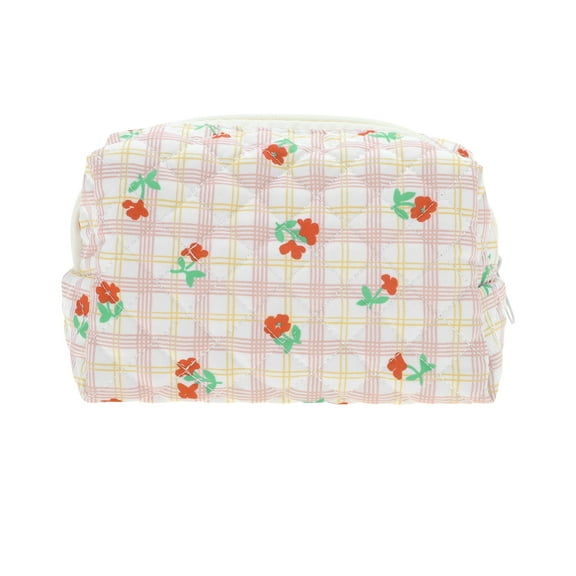 Unique Bargains 1 Pc Floral Quilting Makeup Bag for Travel Vacation Red Pink Polyester