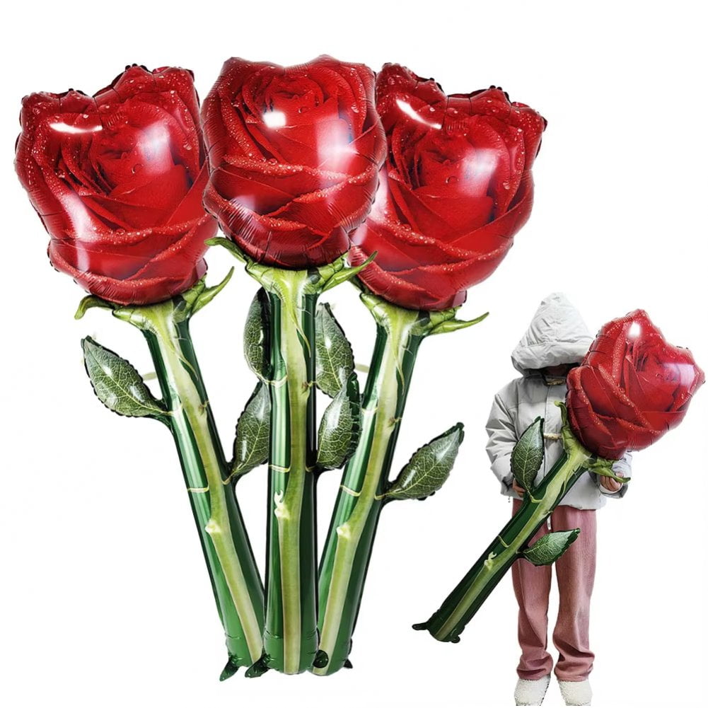 Red Rose Balloons 5pcs Large Valentine's Day Balloons Rose Flower Shape Foil Balloons Mother's Day Decorations Balloons