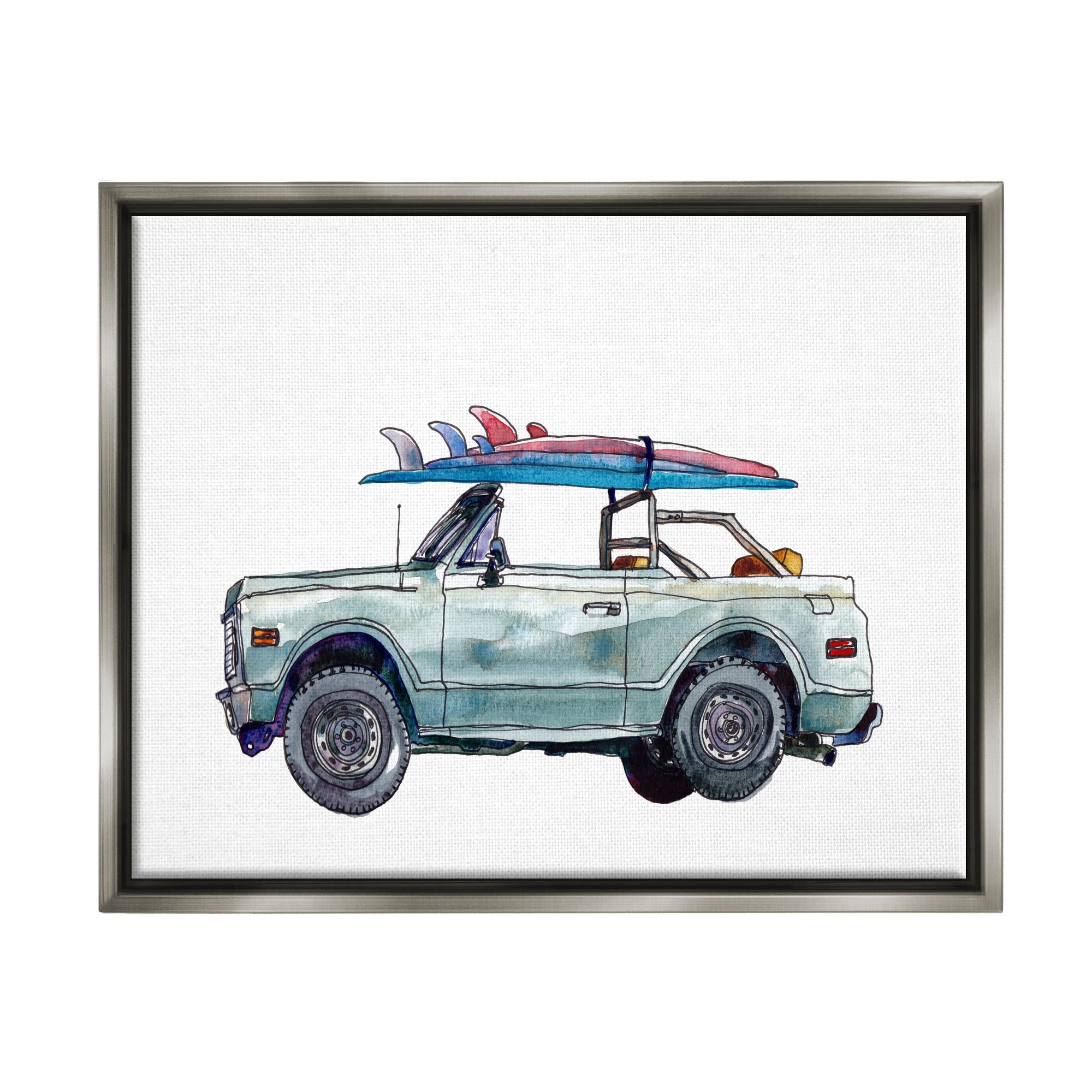Stupell Industries Retro Beach Cruiser with Surfboard Minimal Illustration Luster Gray Framed Floating Canvas Wall Art, 16x20, by Paul McCreery
