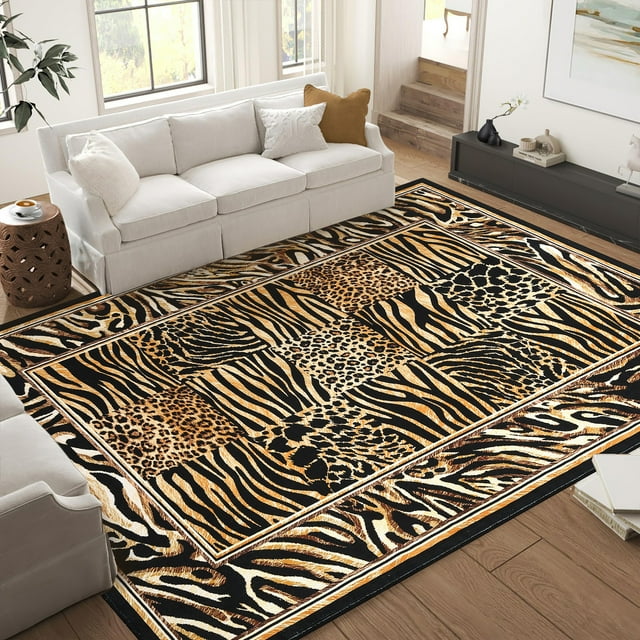 Washable Leopard Patchwork Rug – 5x7ft Soft Low Pile – Non-Slip Vintage Boho Mat – Living, Bedroom & Dining – Brown Tone – USA Spec