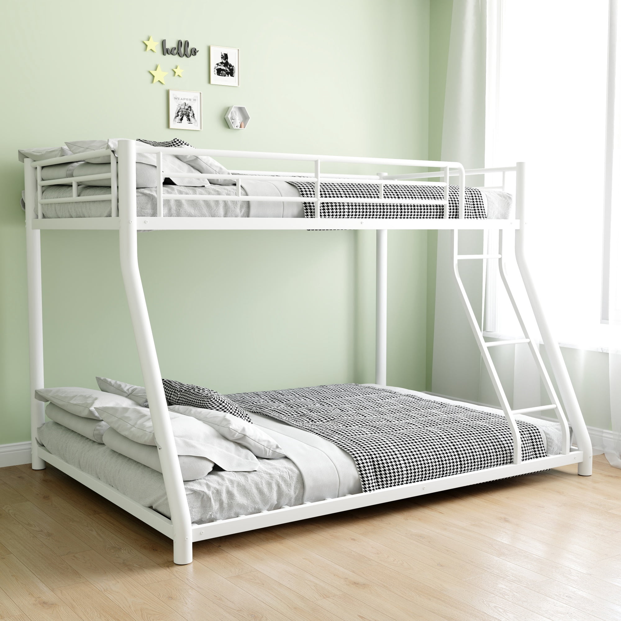 Leumius Twin Over Full Metal Bunk Bed,Heavy Duty Metal Bed Frame with Ladder & Full-Length Guardrail for Teens Adults,White