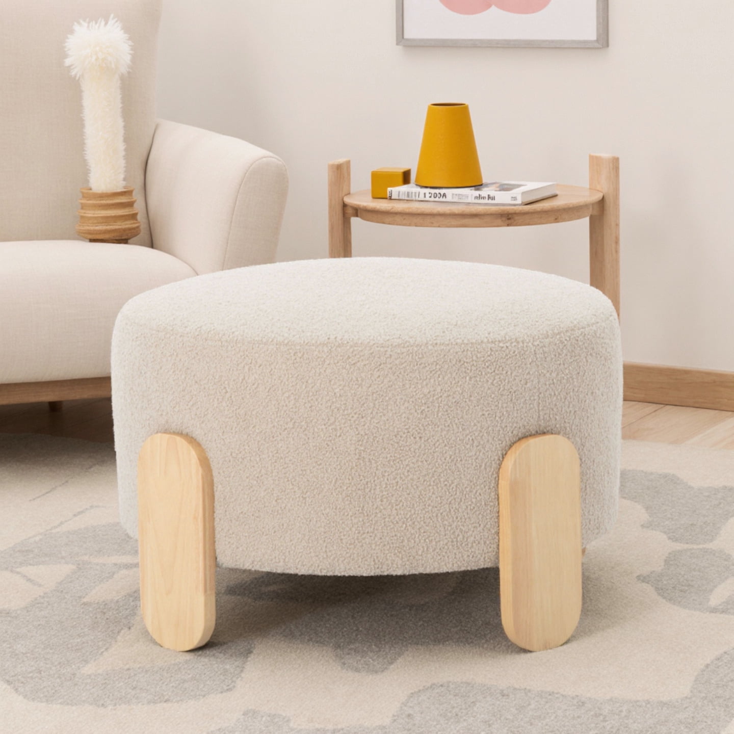 BSHTI 24.8" Round Teddy Fabric Ottoman with Natural Wood Legs, Multi-Functional Footstool and Extra Seat for Home and Office(Beige)