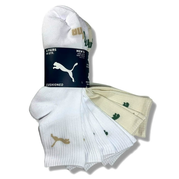 PUMA SOCKS MEN'S - HI QUARTER 243 - SOLID WHITE MULTI - LARGE (10-13)- PACK 6