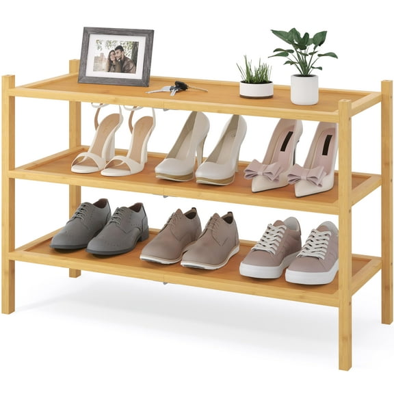 decorUhome 3 Tier Bamboo Shoe Rack , Shoe Shelf for Closet, Shoe Storage Organizer for Entryway, Natural, 26.7" x 11" x 18.3"