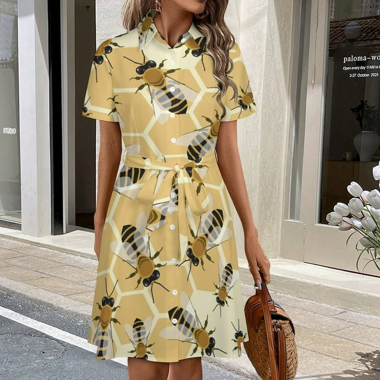 Honey Bee Bee Honeycomb Pattern Womens Shirt Dresses Women'S Short Sleeve  Dress Turn-Down Collar Dress A Line Casuall Dress Oversize(XS-6XL) -  Walmart.com