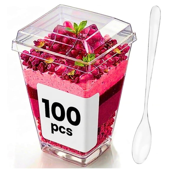 Vasos para postres Crystry de plástico transparente de 5 oz, paquete de 100 con tapas