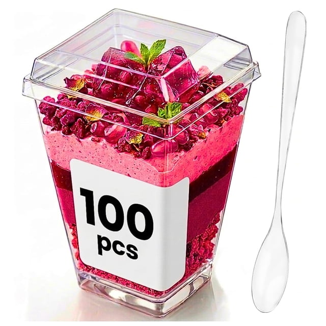 Vasos para postres Crystry de plástico transparente de 5 oz, paquete de 100 con tapas