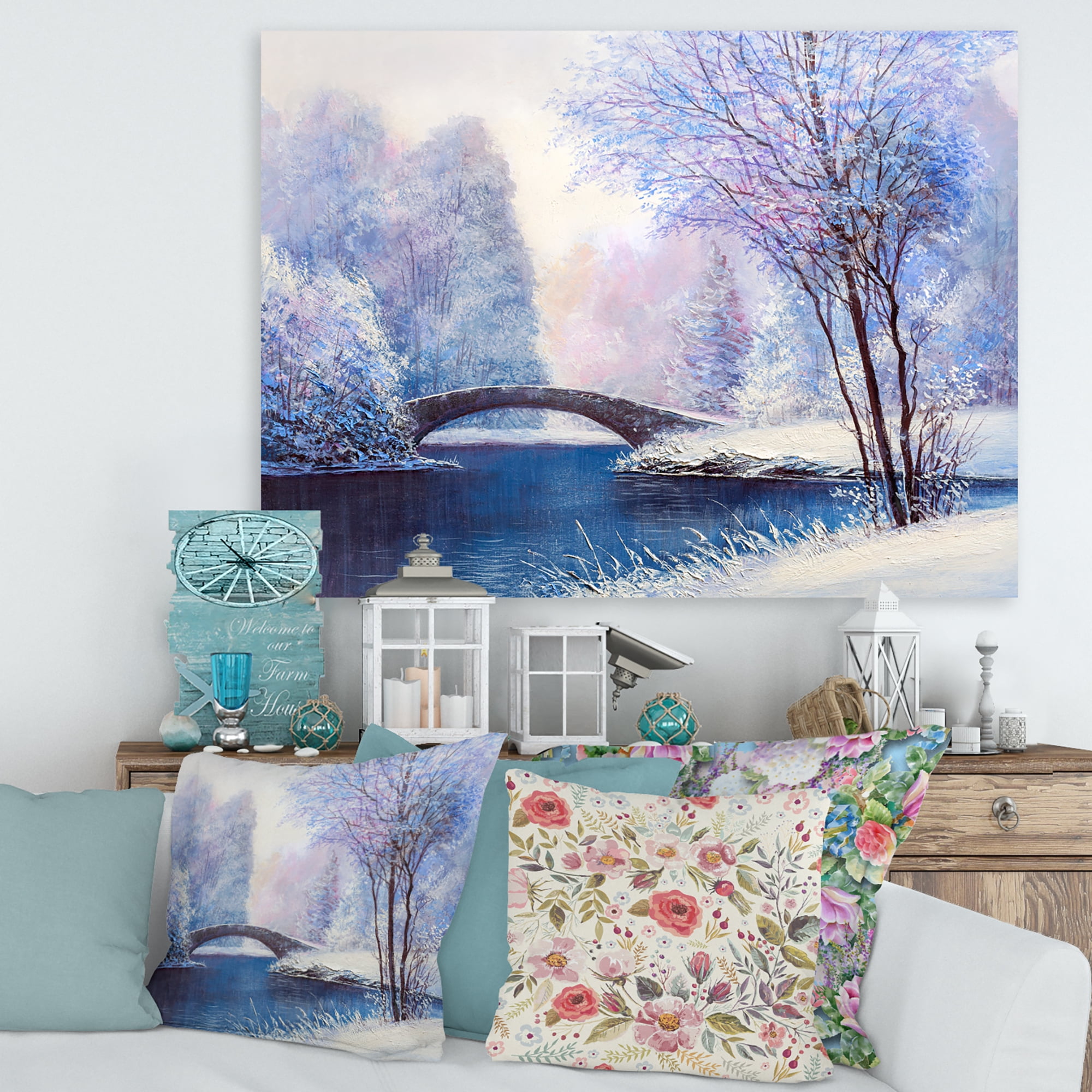 Designart ' Bridge Of Meandering River With Winter Scenery III ' Lake House Canvas Wall Art Print