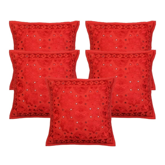 Stylo Culture Ethnic Settee Sofa Throw Pillow Covers 16x16 Embroidered Red Bohemian 40x40 cm Bedroom Decor Pillowcase Cotton Mirrored Square Cushion Covers | Set Of 5