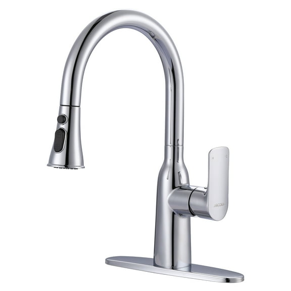 Wowow Stainless Steel 3-Functions Single-Handle Pull Down Sprayer Kitchen Faucet with Deck Plate in Polished Chrome