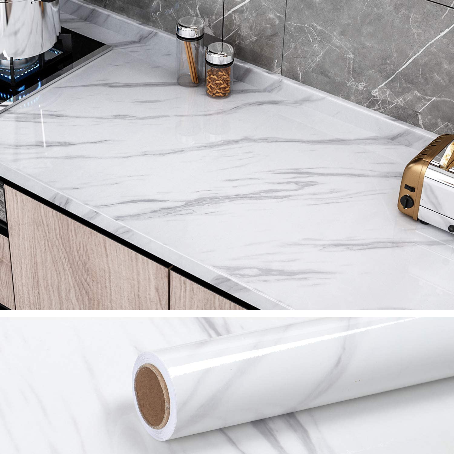 White Marble Contact Paper Waterproof Granite for Countertop Cabinet Liner PEEL 