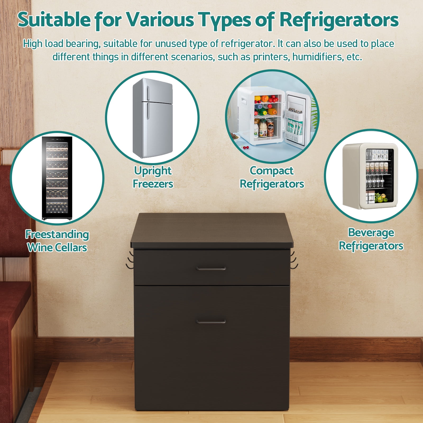 Advwin Heavy Duty Mini Fridge Stand with Storage, Mini Refrigerator Cart with Rolling Cabinet, Drawer & Lockable Wheels, Beverage Fridge Table for Dorm Home Office Bedroom, Black