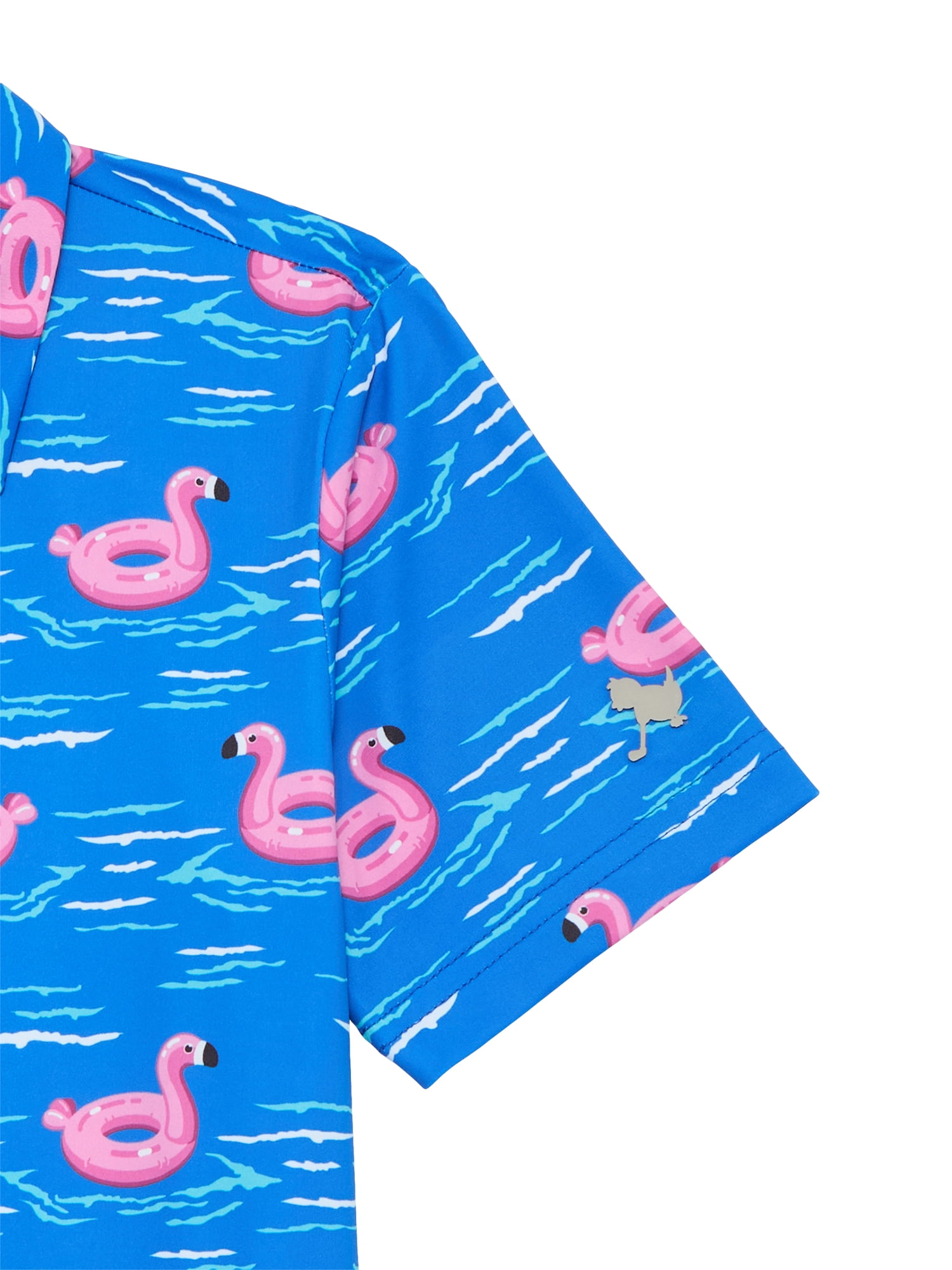 Birdie Bound Boy's Performance Flamingo Floatie Printed Golf Polo Shirt, Sizes XS-XL