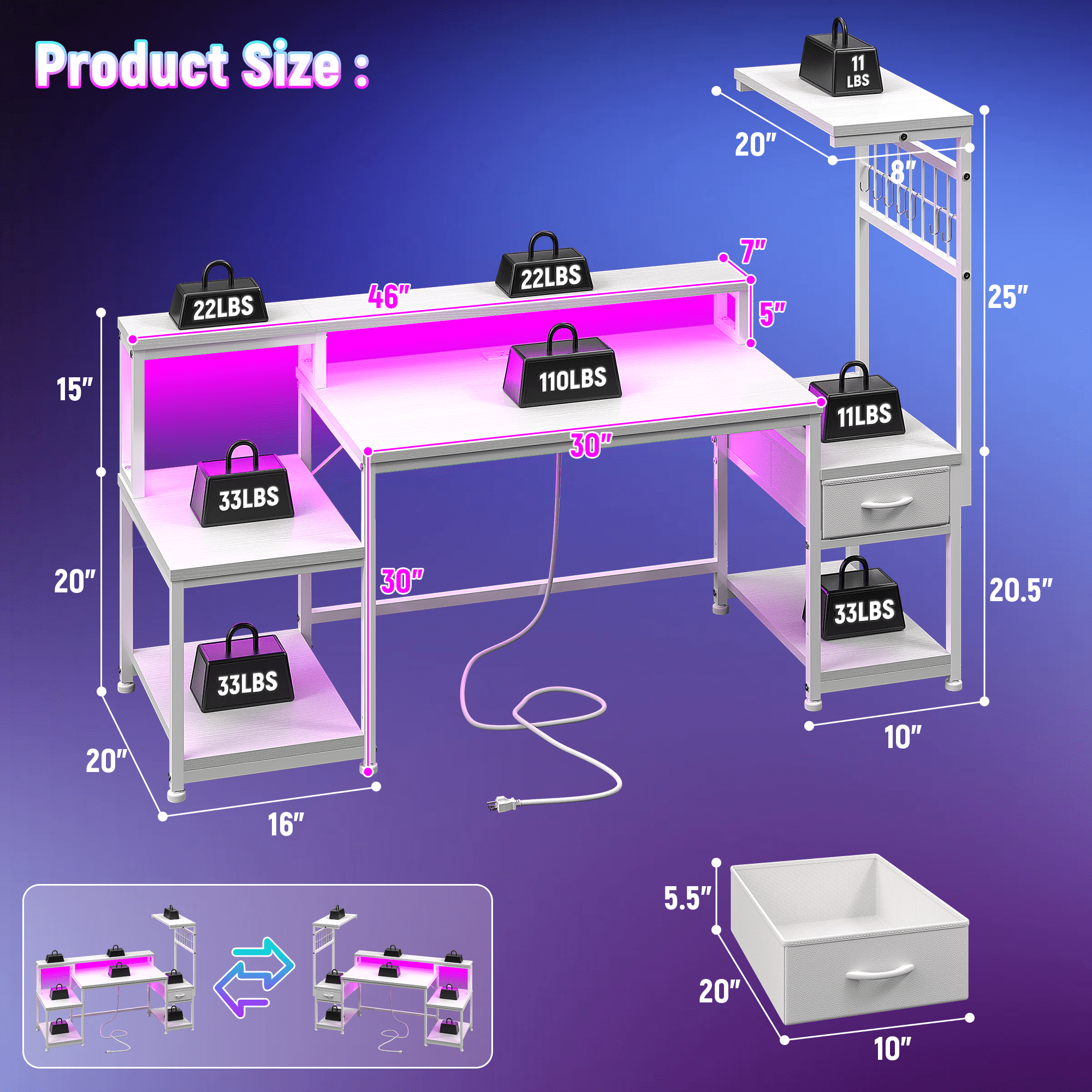 Romorgniz 55"W Gaming Desk Computer Desk with Hutch & Monitor Stand Corner Desk with LED Lights & Outlets for Gaming,Studying,Home Office Desks,White