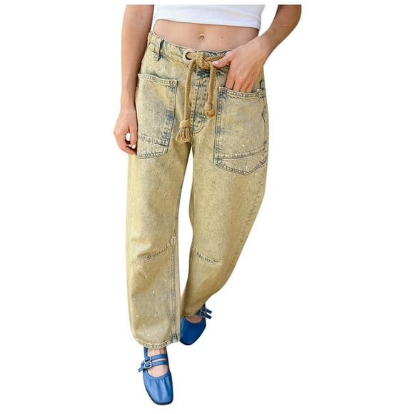 Pantalon Décontracté Femme Boyfriend Style Wide Leg Denim Pants Drawstring Mid Rise Ripped Thin Leggings Versatile Jeans Linen Pants Women Khaki XS