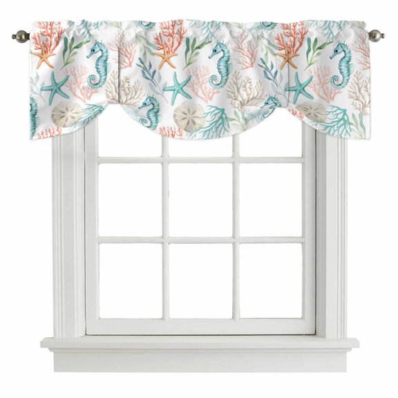 Tie Up Valances for Windows, Teal Red Seahorse Coastal Adjustable Valance Curtains Window Treatment for Living Room, Nautical Beach Coral Starfish Rod Pocket Kitchen Curtains & Drapes 60x18 Inch