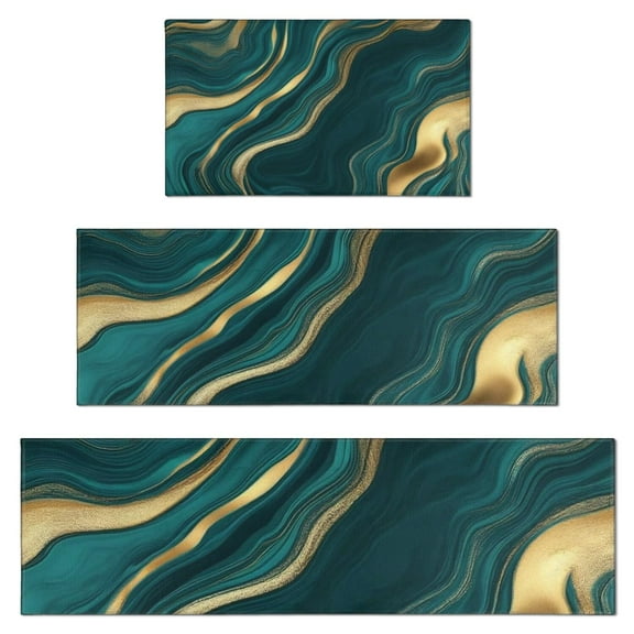 Teal Gold Marble Pattern Kitchen Rugs Sets Of 3,Kitchen Runner Rugs Non Skid Washable,Decorative Kitchen Floor Mats for Kitchen,Sink,Laundry,17"x30" 17"x47" 17"x59"