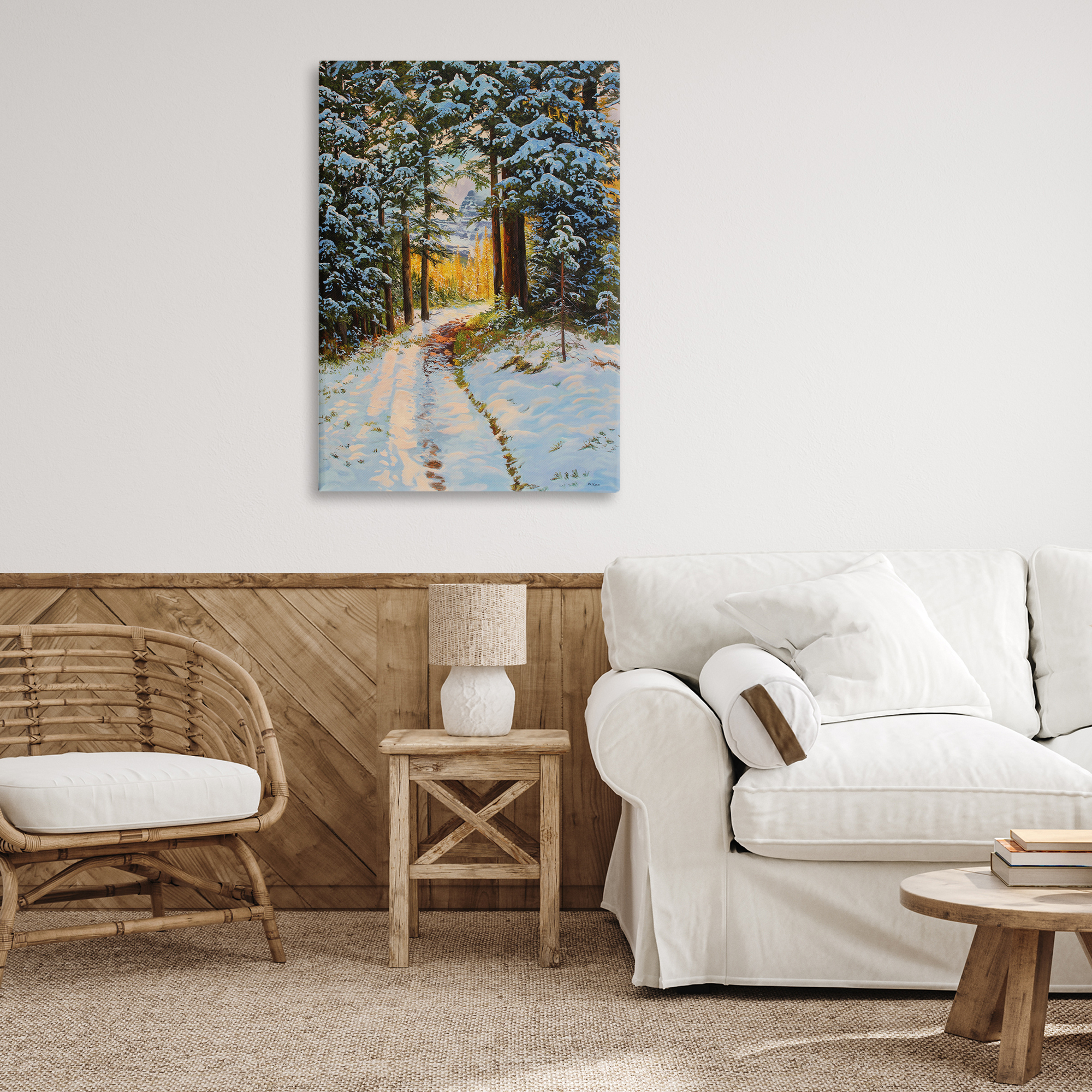 Stupell Industries Snowy Forest Trail Landscape & Nature Painting Wrapped Canvas Art Print Wall Art, 24 x 36