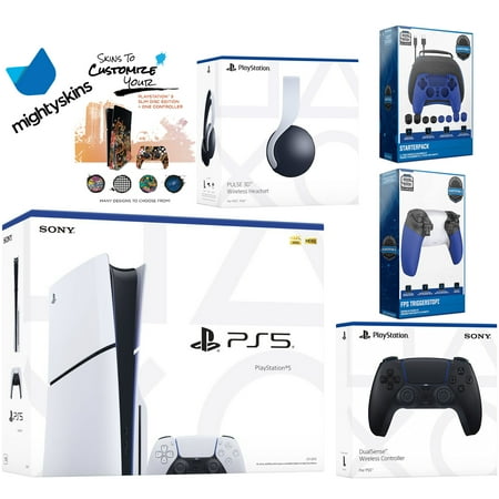 Sony Playstation 5 Slim Disc Bundle with White Pulse Headset, Extra Midnight Black Controller, Pro Gamer Kit, Trigger Kit and MightySkins Decal Voucher