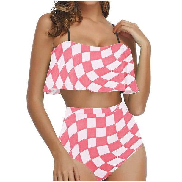Bikini de Mujer Trajes de Baño Bikini con Ruffles Conjunto con Sujetador Acolchado Extraíble, Pantalones Cortos de Cintura Alta para la Playa