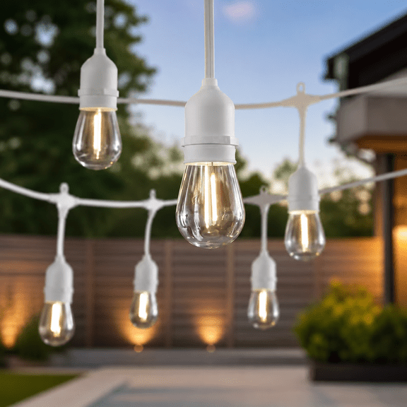 Homestead 48FT Commercial Grade LED Flexible Filament String Lights, Warm White with White Cable