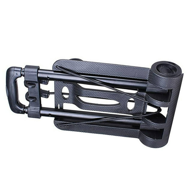 Small Folding Hand Truck by Loewten, a lightweight and practical folding dolly made of ABS and iron. The compact design measures approximately 44 x 23 cm (17 x 9 inches) and weighs 1.36 kg (3 lbs). It features a pull bar extending to 88.9 cm (35 inches) and a load-bearing capacity of 110 pounds. Suitable for shopping, traveling, office use, and airport tasks, shown in a folded position with a textured black finish.