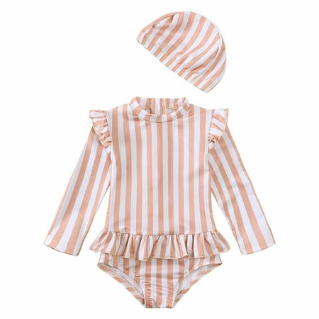 EQWLJWE Toddler Girl Surfing Swimsuit Summer Stripe Print Ruffle Long Sleeve One Piece Rash Guard with Sun Hat Pullover Bathing Suit for Beach Swimming Pool Size 9M-7Y (Pink)