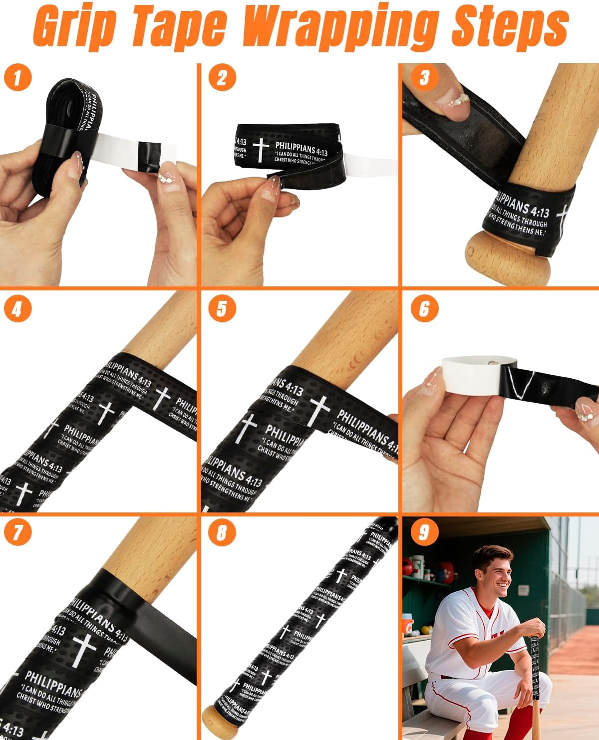 HomeJoy  Baseball Bat Grip Tapes, Faith Cross Bat Grip Tape, 1.5mm Precut and Full Adhesive Baseball Wrist Tape, Scripture Designs Non-Slip Religious Baseball Grip Tapes for Sports