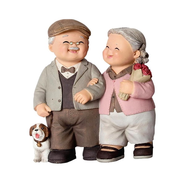 Bearachild Pareja de Ancianos Escultura de Resina Anciano Cálido Tome un Paseo con Estatuilla de Perro Adorno de Resina Exquisita Estatua de Pareja de Jardín y Patio Bearachild HA019476-00