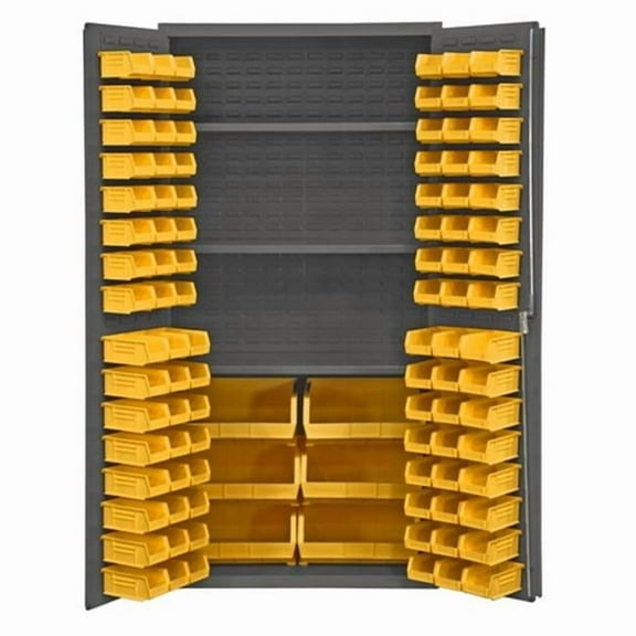 Durham 3501-BDLP-102-3S-95 14 Gauge Flush Door Style Lockable Cabinet with 102 Yellow Hook on Bins & 3 Adjustable Shelves, Gray - 36 in.