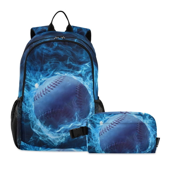 ALAZA Baseball in Fire School Backpack Lunch Box Set Student Bookbag