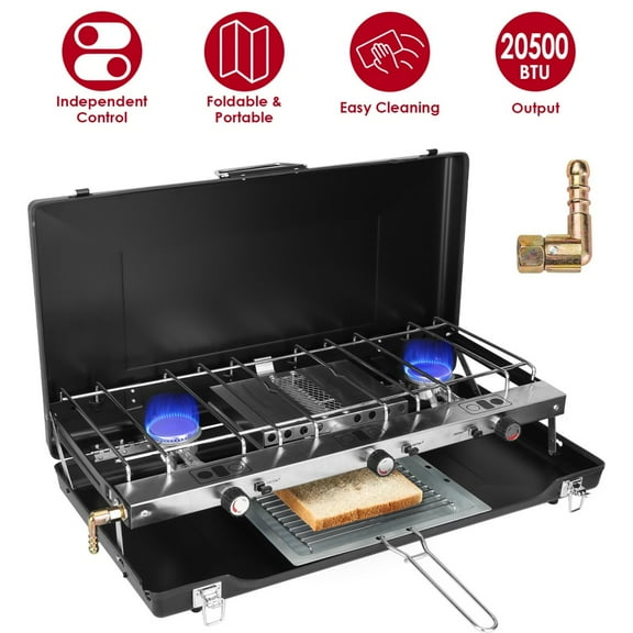 3-Burner Propane Camping Stove with Adjustable Burners and Push-Button Instant Ignition, Portable Stove with  Wind Guards and Oil Tray for Camping, BBQ, Picnics