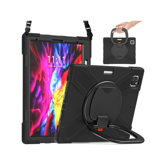 iPad Pro 12.9 Case 2022 2021 6th 5th Generation, Shockproof Cover with Pencil Holder and Rotating Kickstand Hand Strap / Shoulder Strap