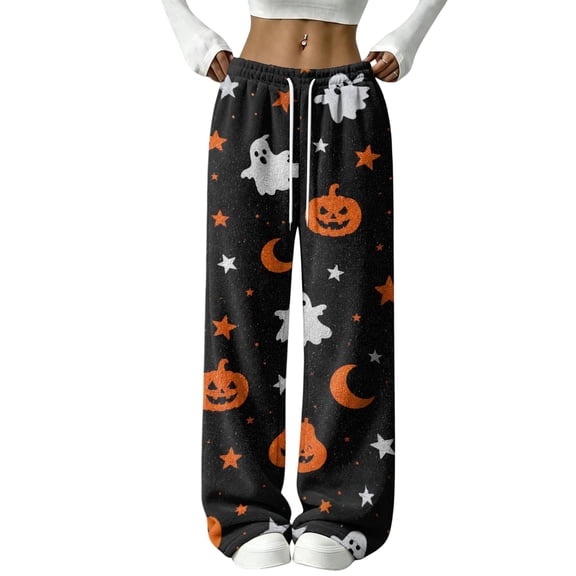 Fabrcox Halloween Women's Pajama Pants Flannel Funny Pumpkin Ghost Cat Womens Sleeping Pants Soft Fall Winter Warm Wide Leg Womens Lounge Pant