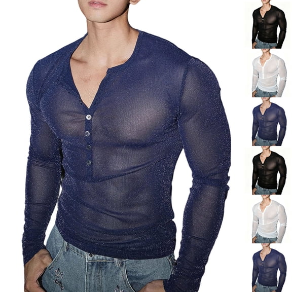 Daiosportswear Men's Deep V Neck Sheer T-Shirt Slim Fit See Through Muscle Tee Shirts Long Sleeve Stretch Clubwear Tops White XL