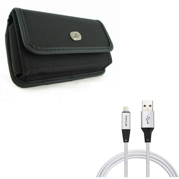 6ft USB Cable w Case Belt Clip for iPhone XR - Charger Cord Power Wire Braided Long, Rugged Holster Canvas Cover Pouch Compatible With iPhone XR