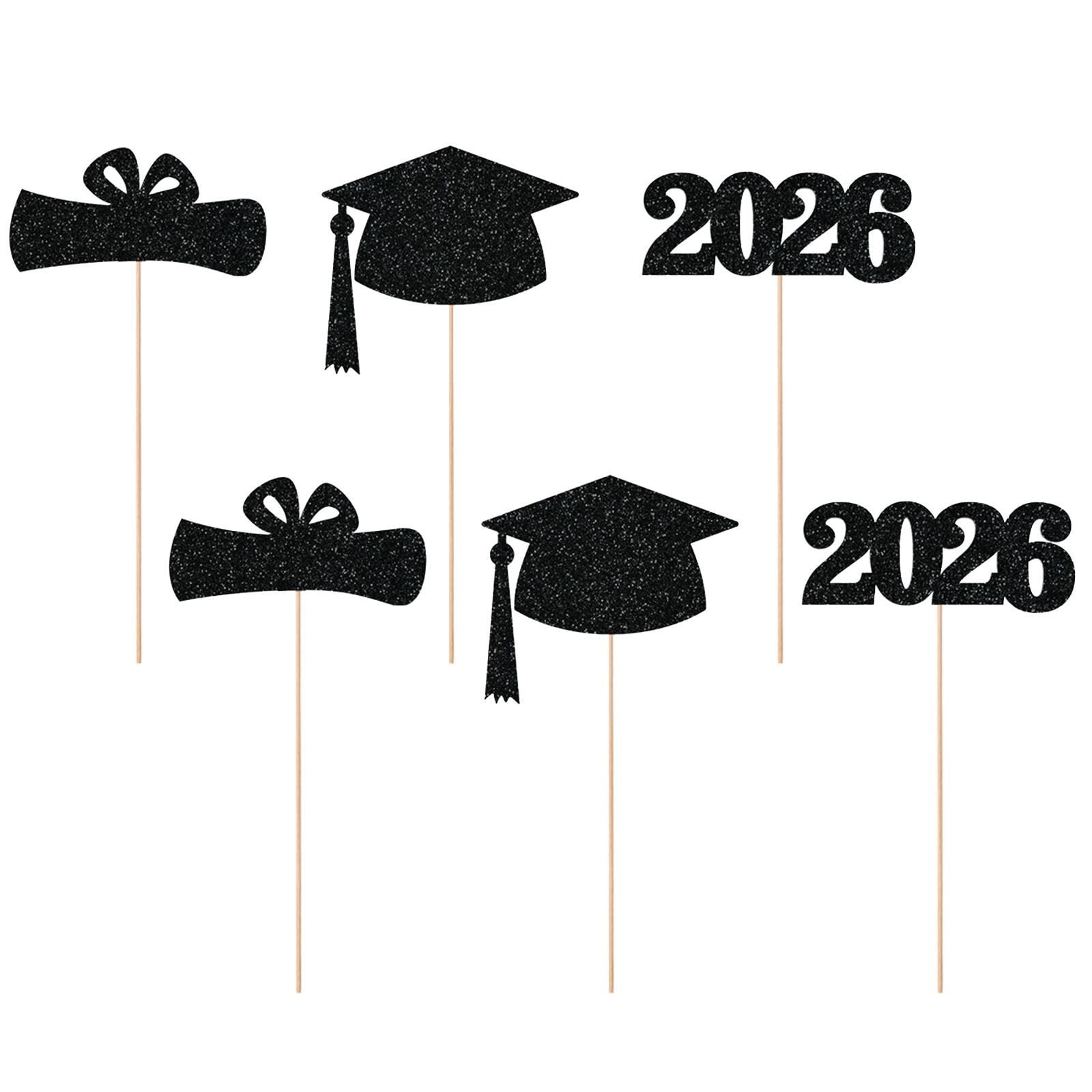 Glitter Graduation Cap Cutout Table Centerpiece Stick Decor for Graduation Party Desktop Vase Layout