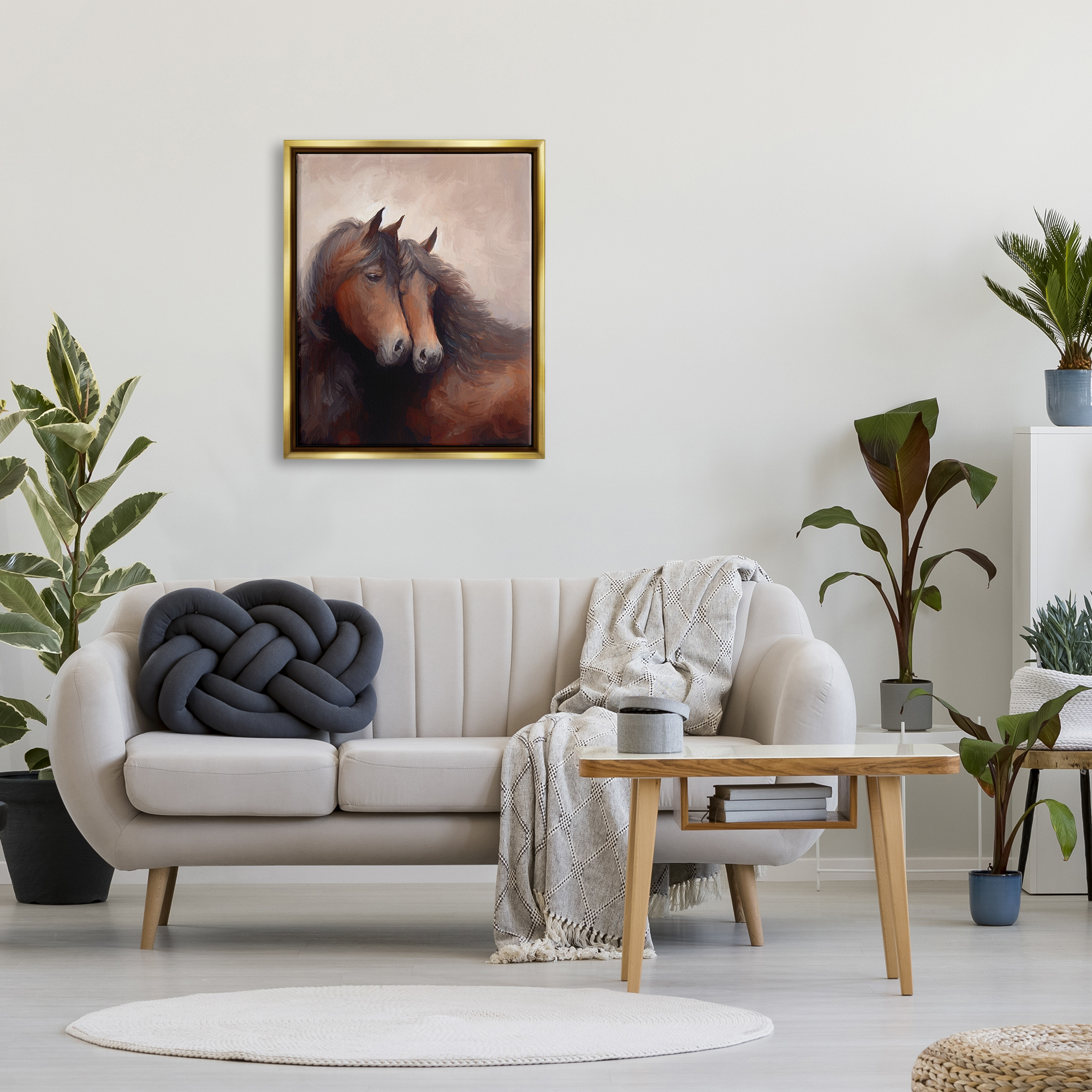 Stupell Industries Brown Cuddling Stallions Animals & Insects Painting Gold Floater Framed Canvas Art Print Wall Art, 25 x 31